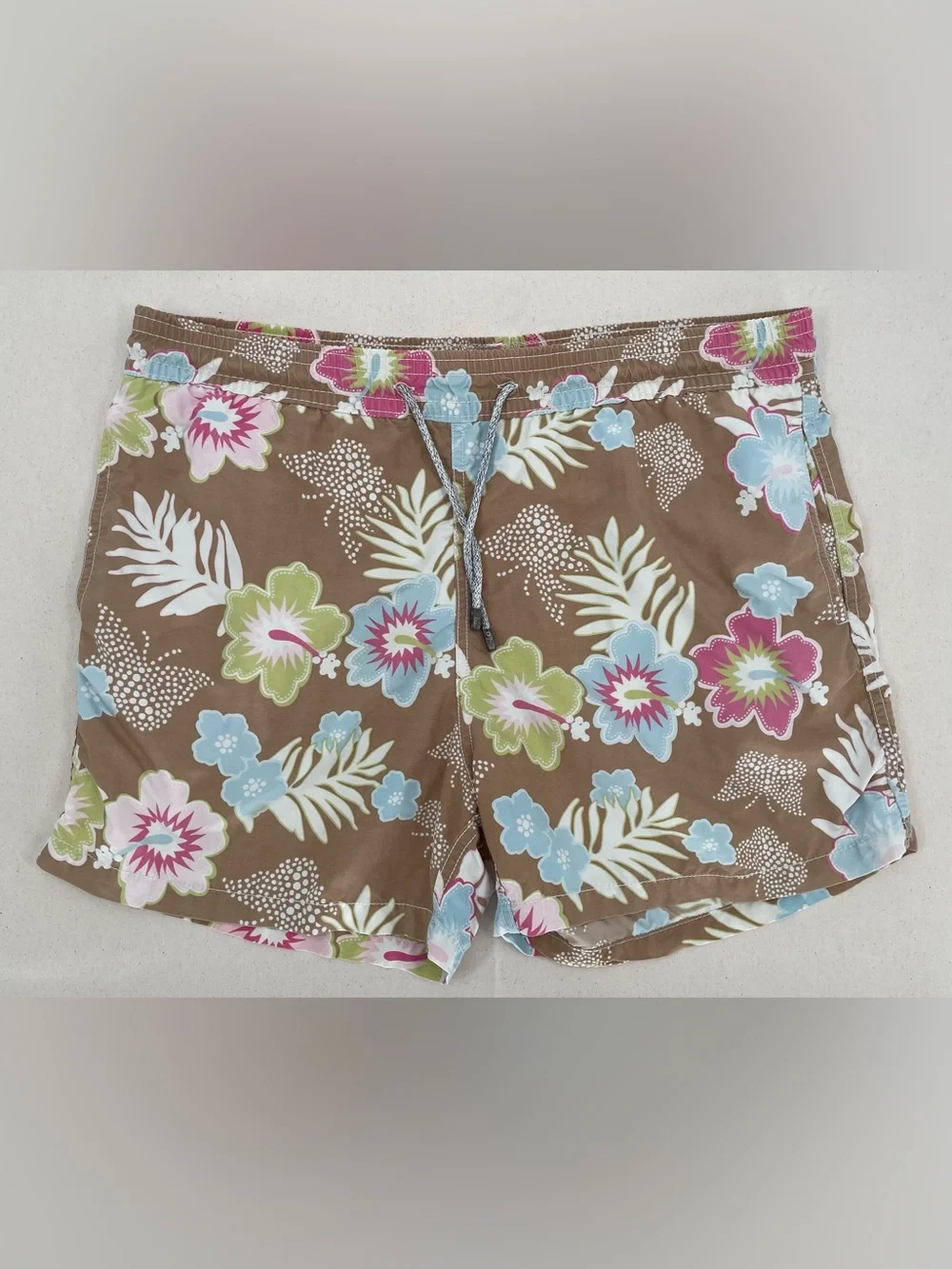 Vilebrequin Brown Floral Drawstring Swim Shorts with Blue Pink Green Accents